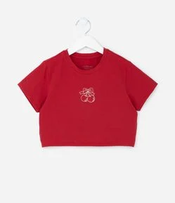 Blusa Cropped Infantil com Bordado Cerejinhas - Tam 5 a 14 Anos