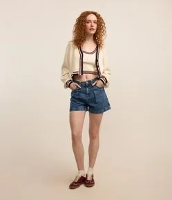 Short Mom em Jeans com Cós Interno Listradinho