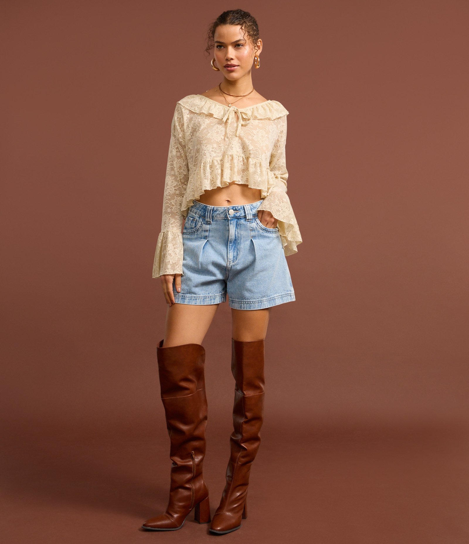 Short Baggy Jeans com Cós Interno Vichy Azul Claro 5