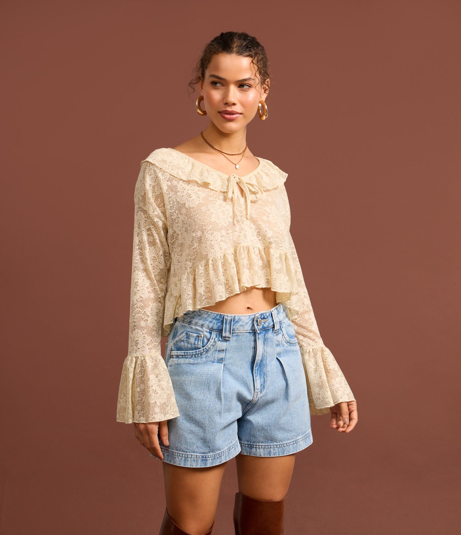 Short Baggy Jeans com Cós Interno Vichy Azul Claro 6