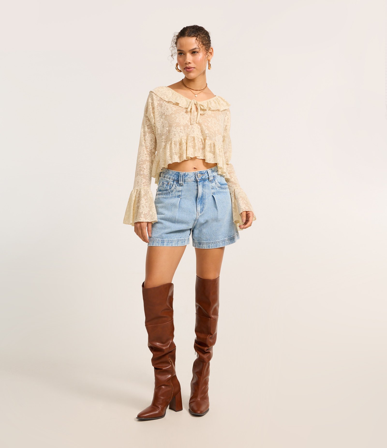 Short Baggy Jeans com Cós Interno Vichy Azul Claro 1