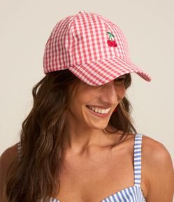 Bone Lona Xadrez Aba Curva com Bordado Cereja