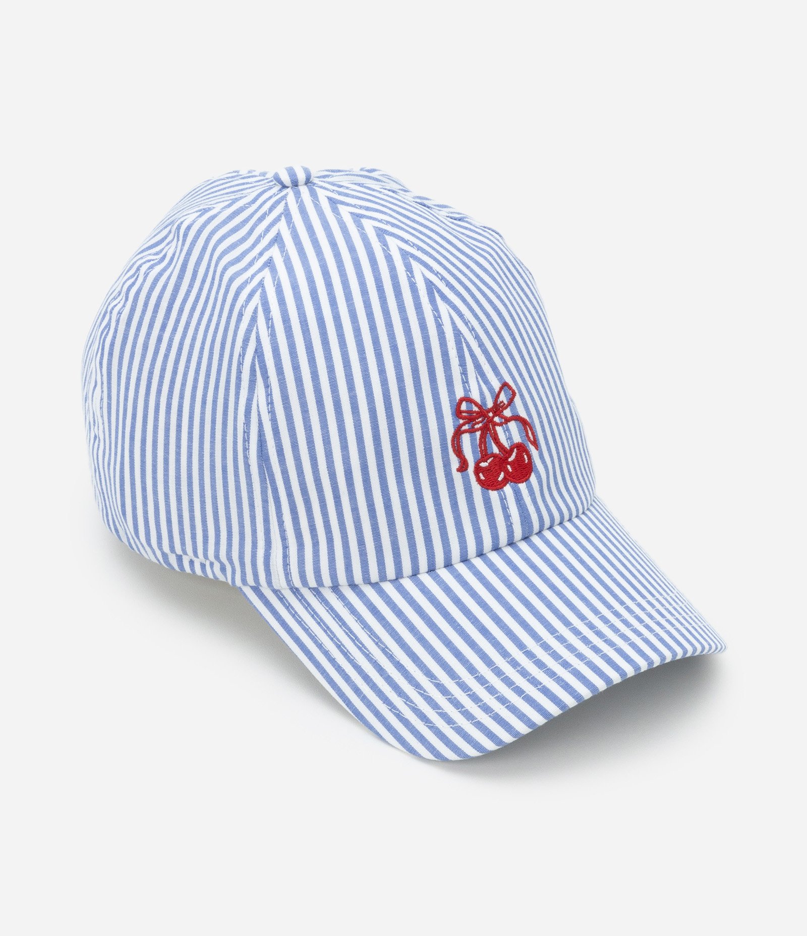 Boné Aba Curva em Tricoline Listrado com Cereja Bordada Azul/Branco 2