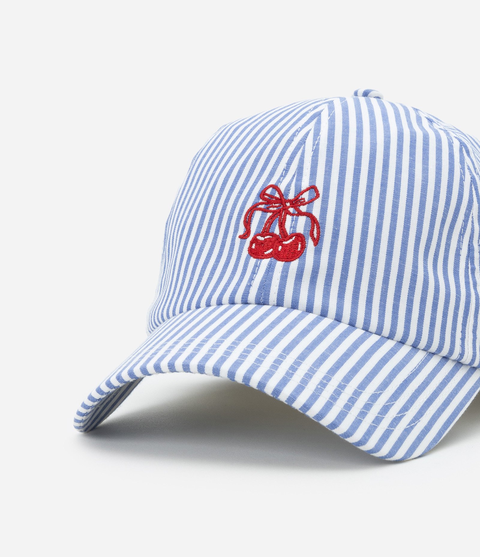 Boné Aba Curva em Tricoline Listrado com Cereja Bordada Azul/Branco 5