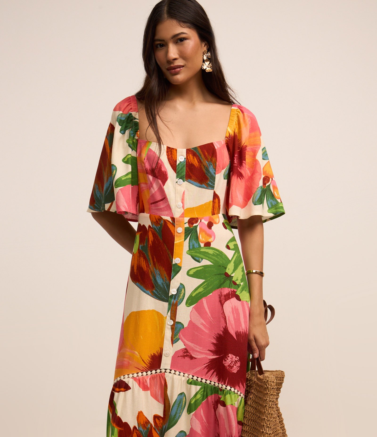 Vestido Long Midi Evasê em Viscolinho com Aviamento na Barra e Estampa Floral Multicores 2