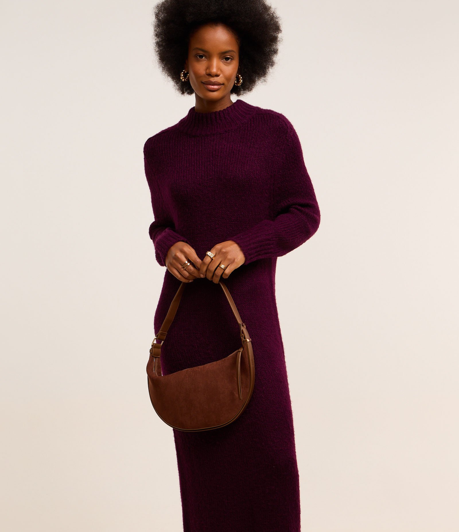 Vestido New Midi em Tricô com Gola Alta Canelada Bordeaux 2