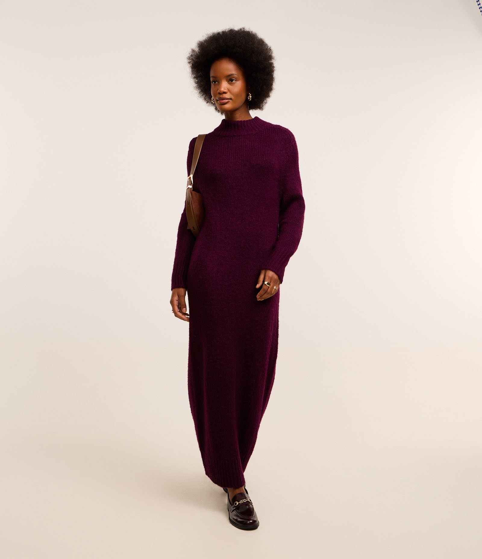 Vestido New Midi em Tricô com Gola Alta Canelada Bordeaux 3