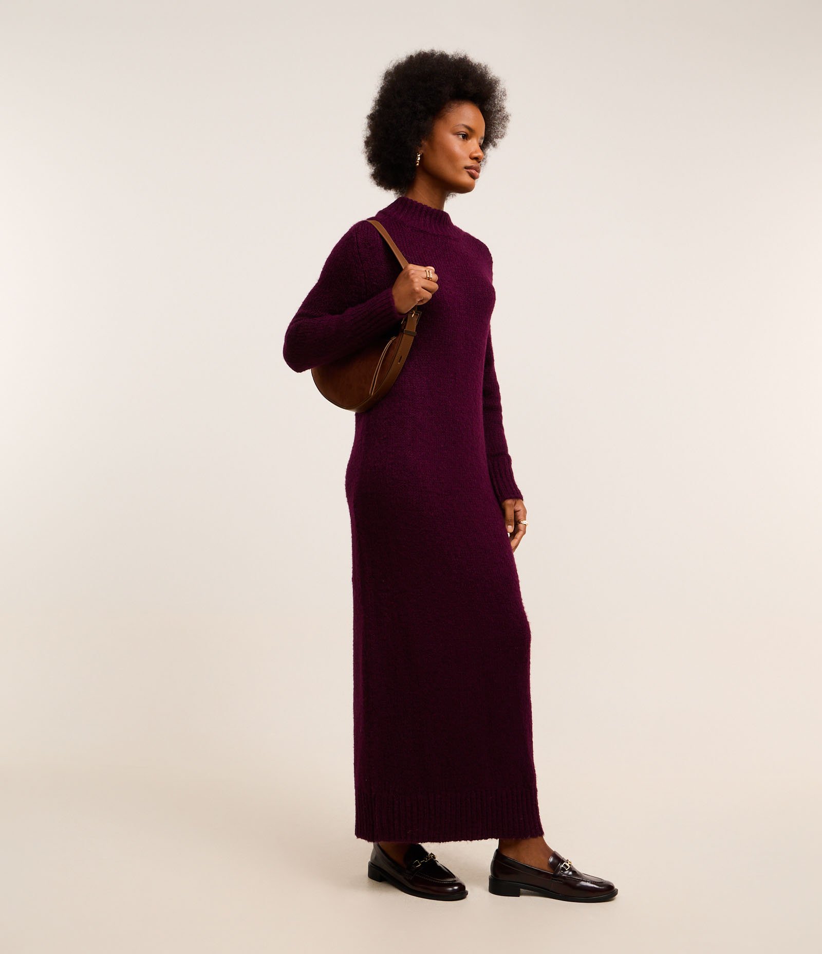 Vestido New Midi em Tricô com Gola Alta Canelada Bordeaux 5