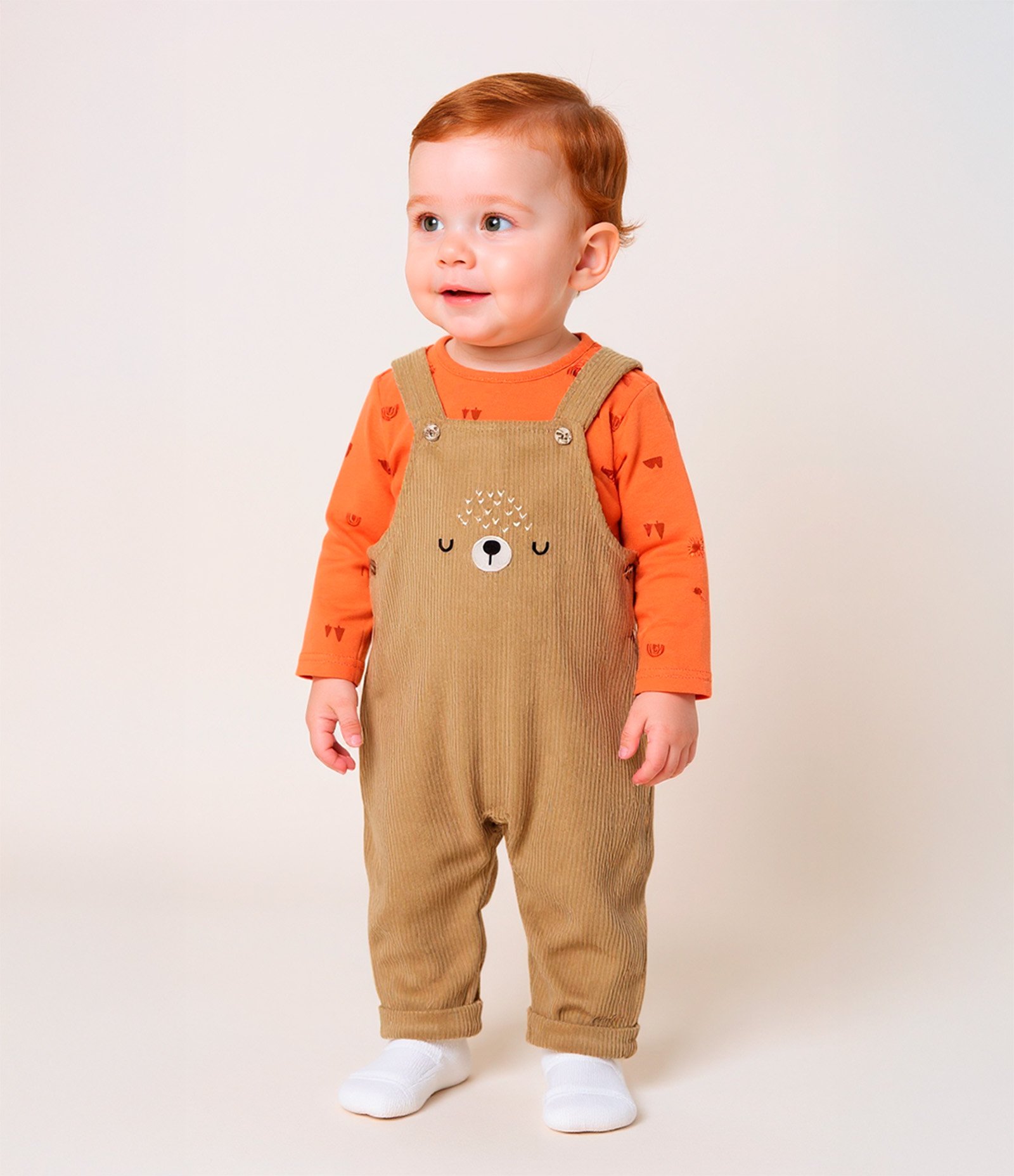 Conjunto Infantil em Veludo com Estampa Carinha de Bichinho - Tam 0 a 18 meses Marrom/Laranja 1