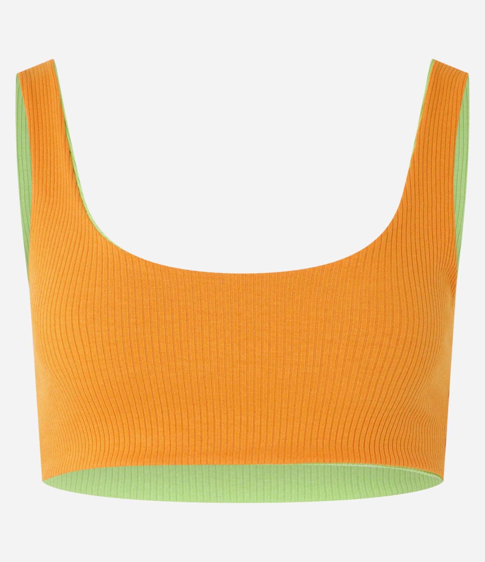 Blusa Regata Cropped Dupla Face em Tecido Misto Canelado Verde/Laranja 9