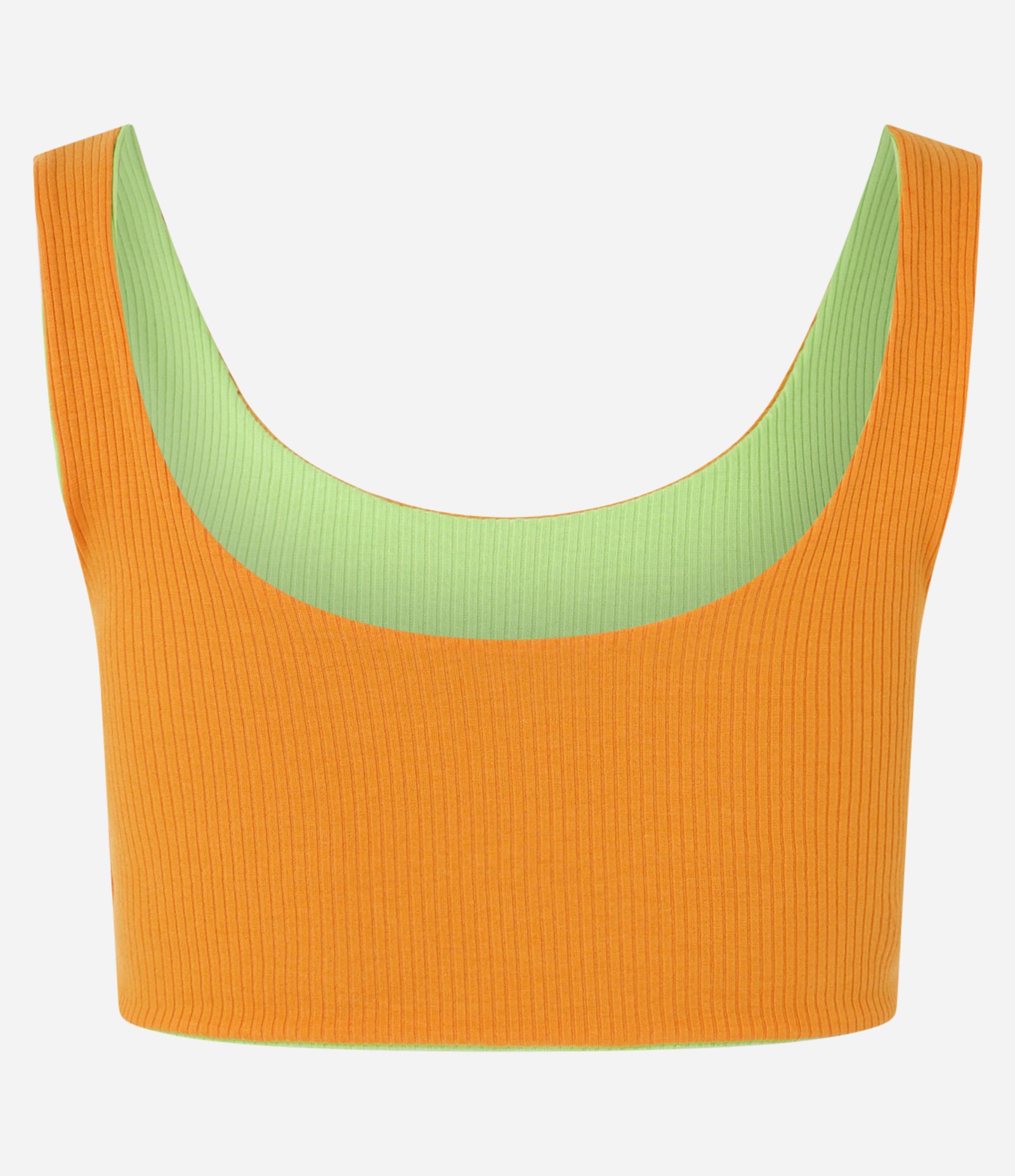 Blusa Regata Cropped Dupla Face em Tecido Misto Canelado Verde/Laranja 11
