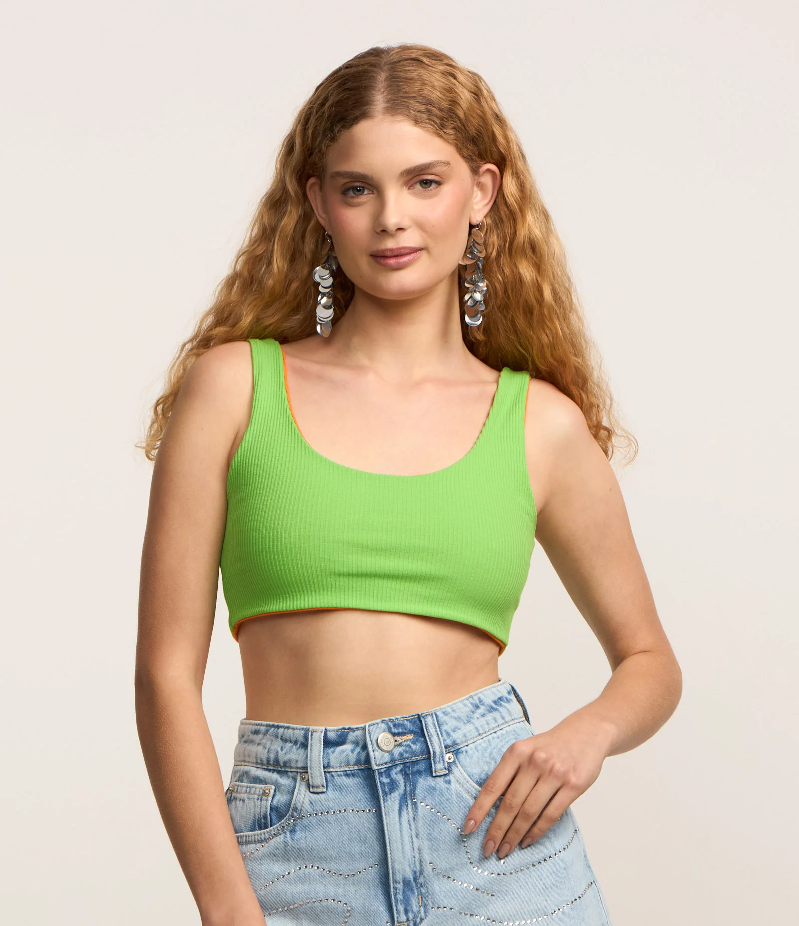 Blusa Regata Cropped Dupla Face em Tecido Misto Canelado Verde/Laranja 1