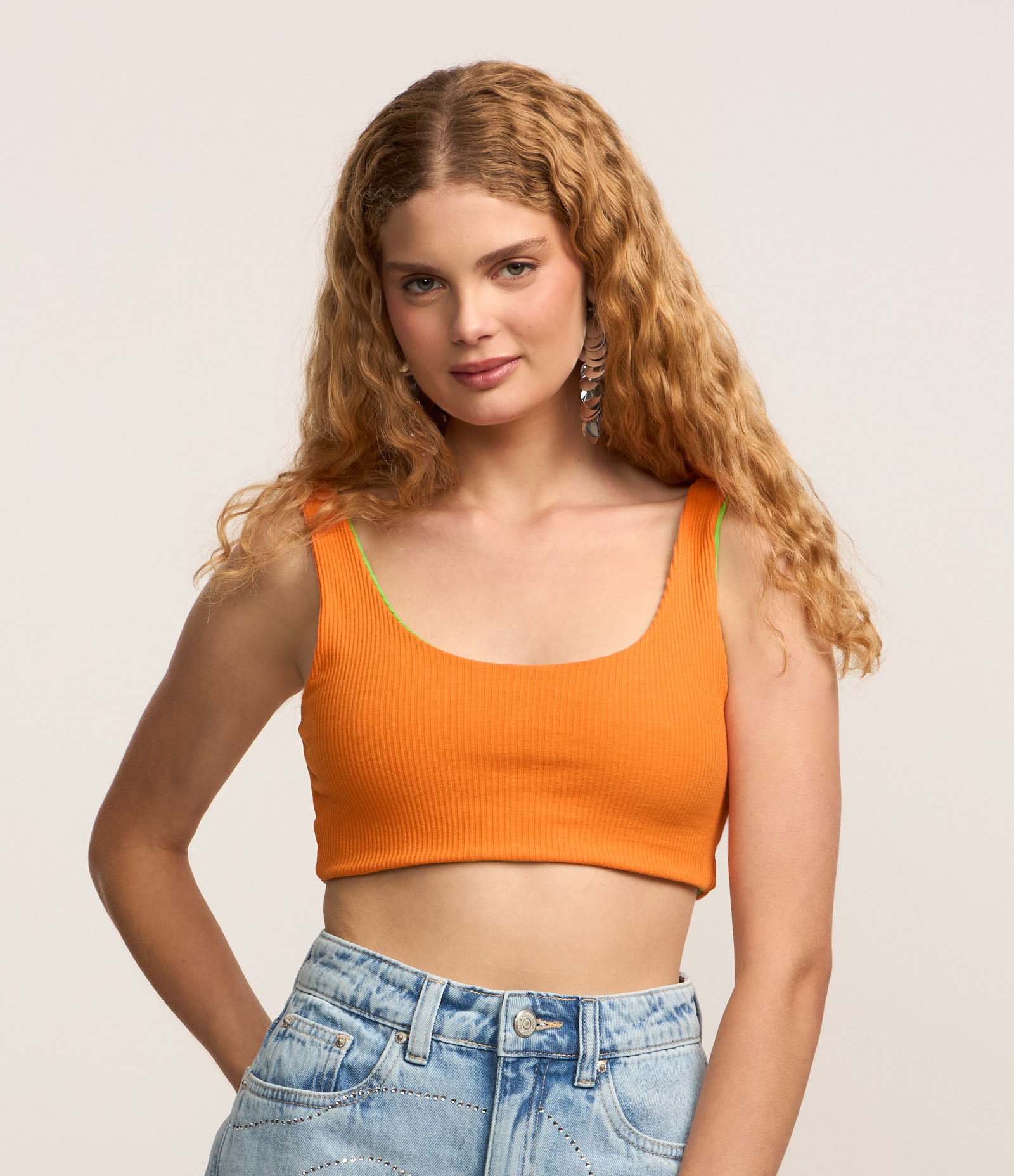 Blusa Regata Cropped Dupla Face em Tecido Misto Canelado Verde/Laranja 5
