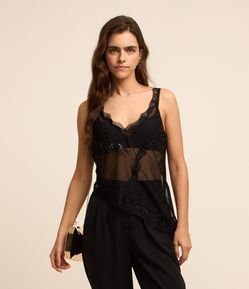 Blusa em Tule com Alça com Flor de Paetês e Rendas