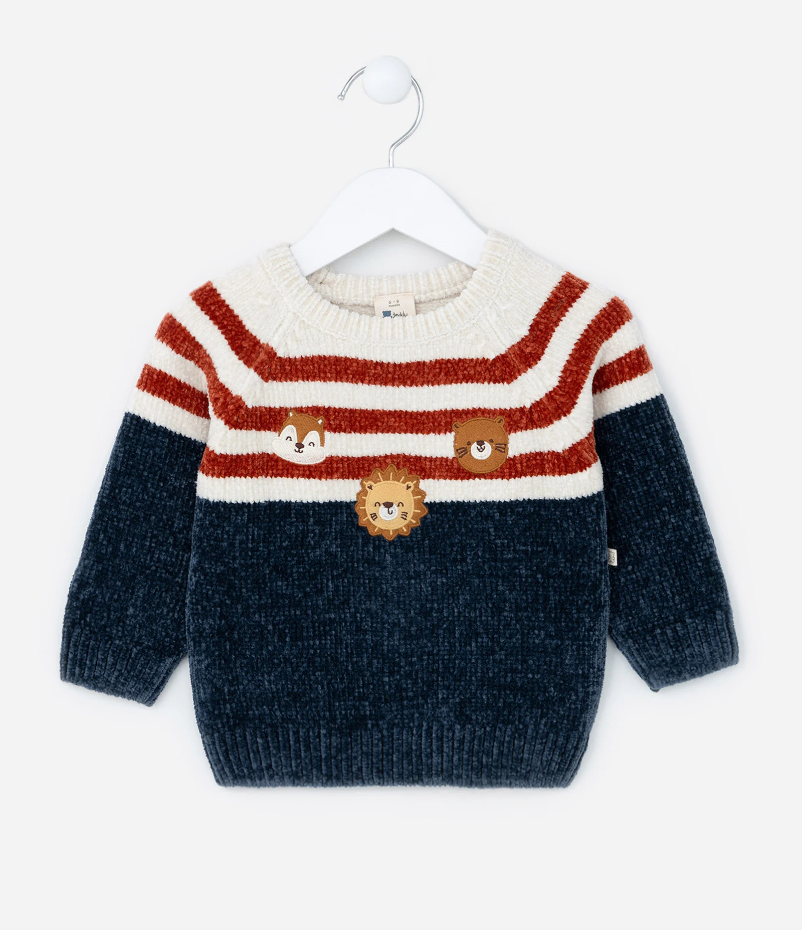 Suéter Infantil em Chenille com Bordado Bichinhos - Tam 0 a 18 meses Branco/Azul 1