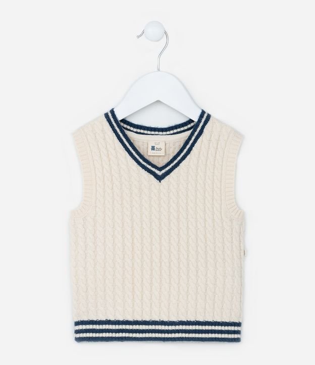 Colete Infantil em Tricô Trançado com Viés Contrastantes - Tam 0 a 18 meses