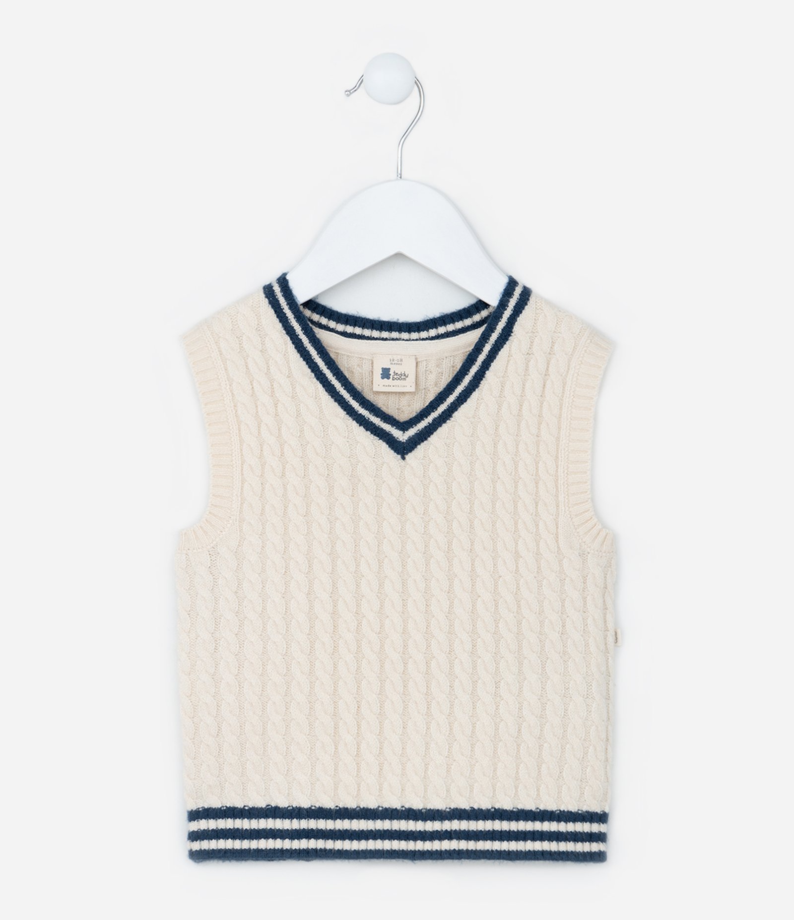 Colete Infantil em Tricô Trançado com Viés Contrastantes - Tam 0 a 18 meses Bege 1