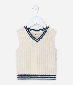 Colete Infantil em Tricô Trançado com Viés Contrastantes - Tam 0 a 18 meses