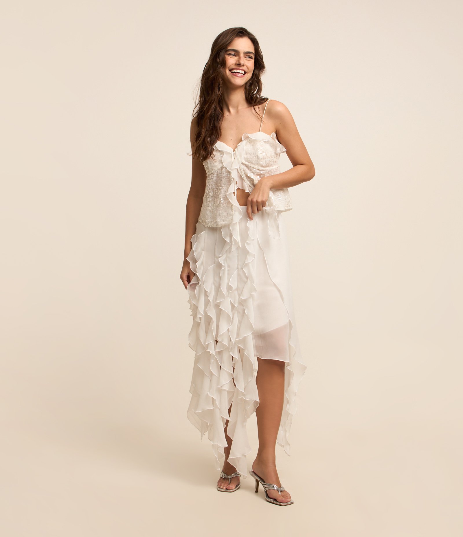 Saia Midi em Chiffon com Pontas Onduladas Branco 1