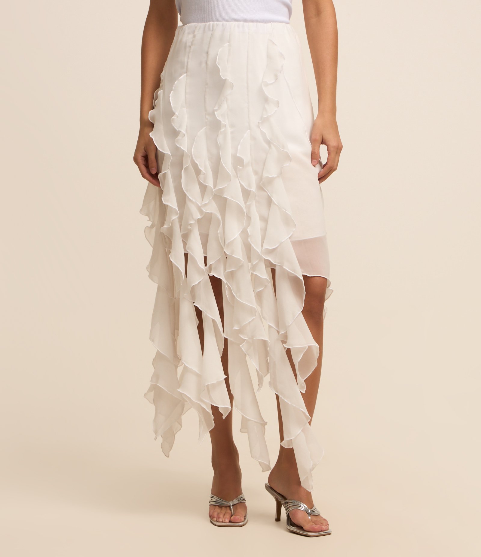 Saia Midi em Chiffon com Pontas Onduladas Branco 2