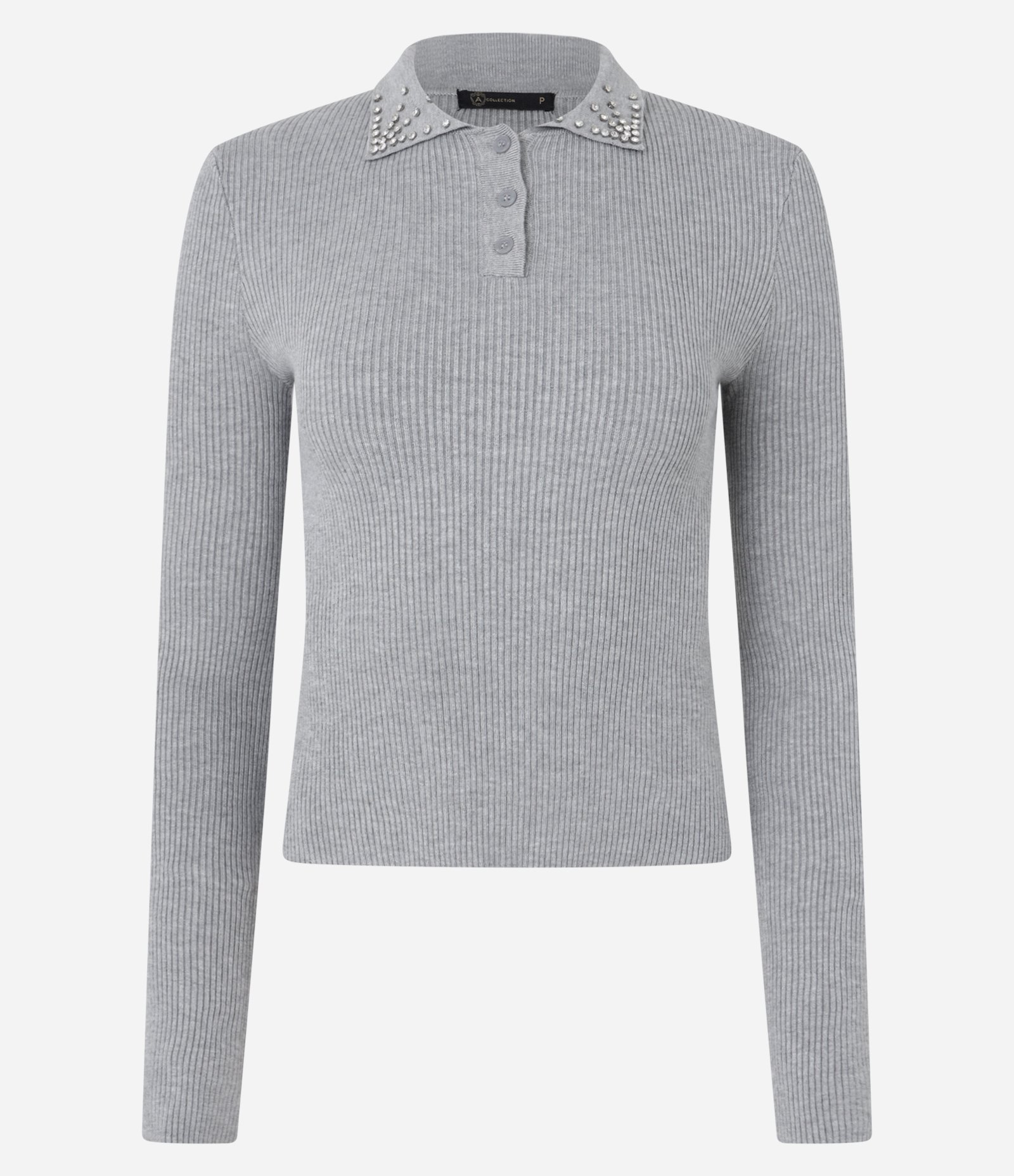 Blusa em Tricô com Pedrarias de Strass na Gola Polo Cinza 1