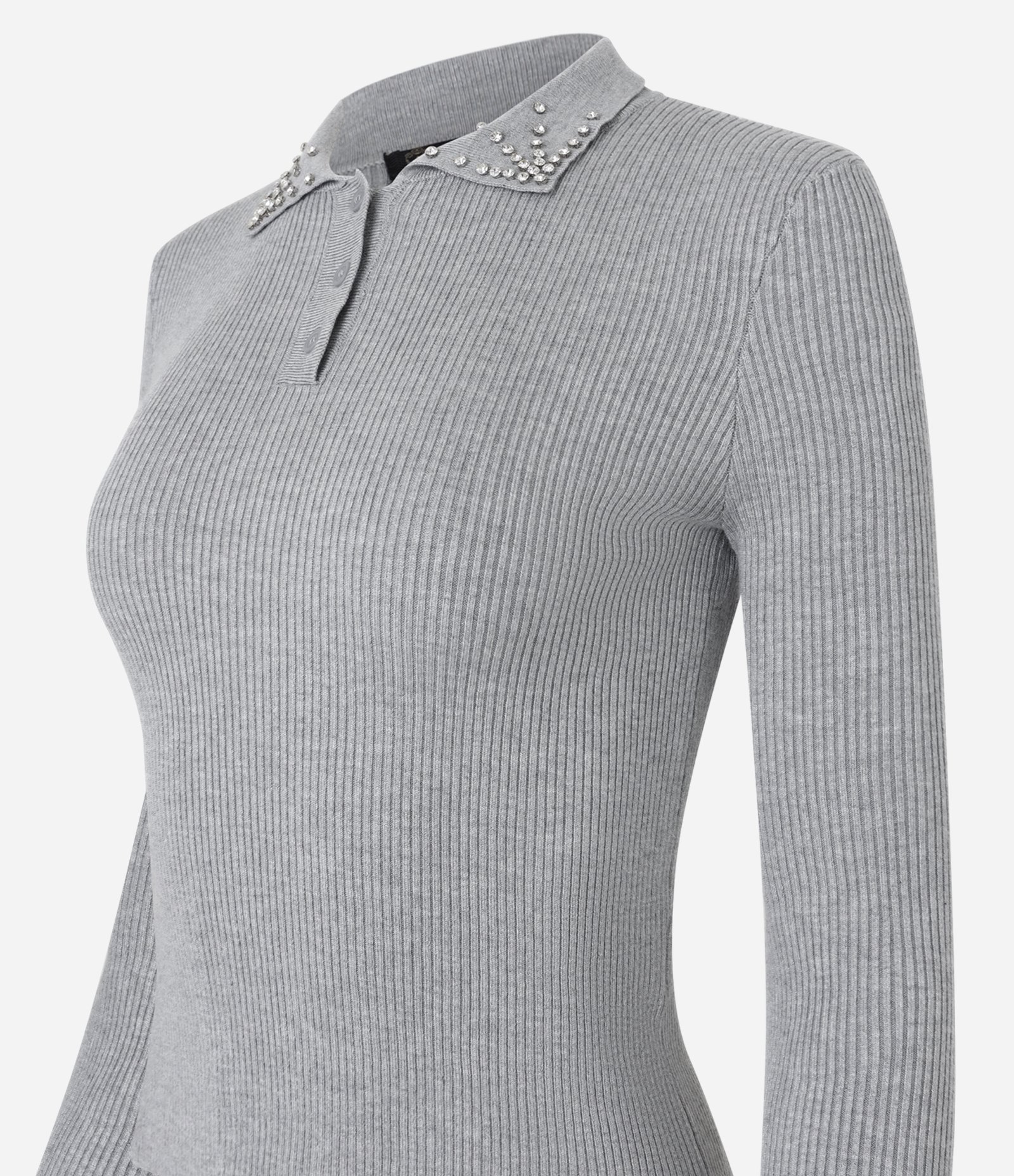 Blusa em Tricô com Pedrarias de Strass na Gola Polo Cinza 2
