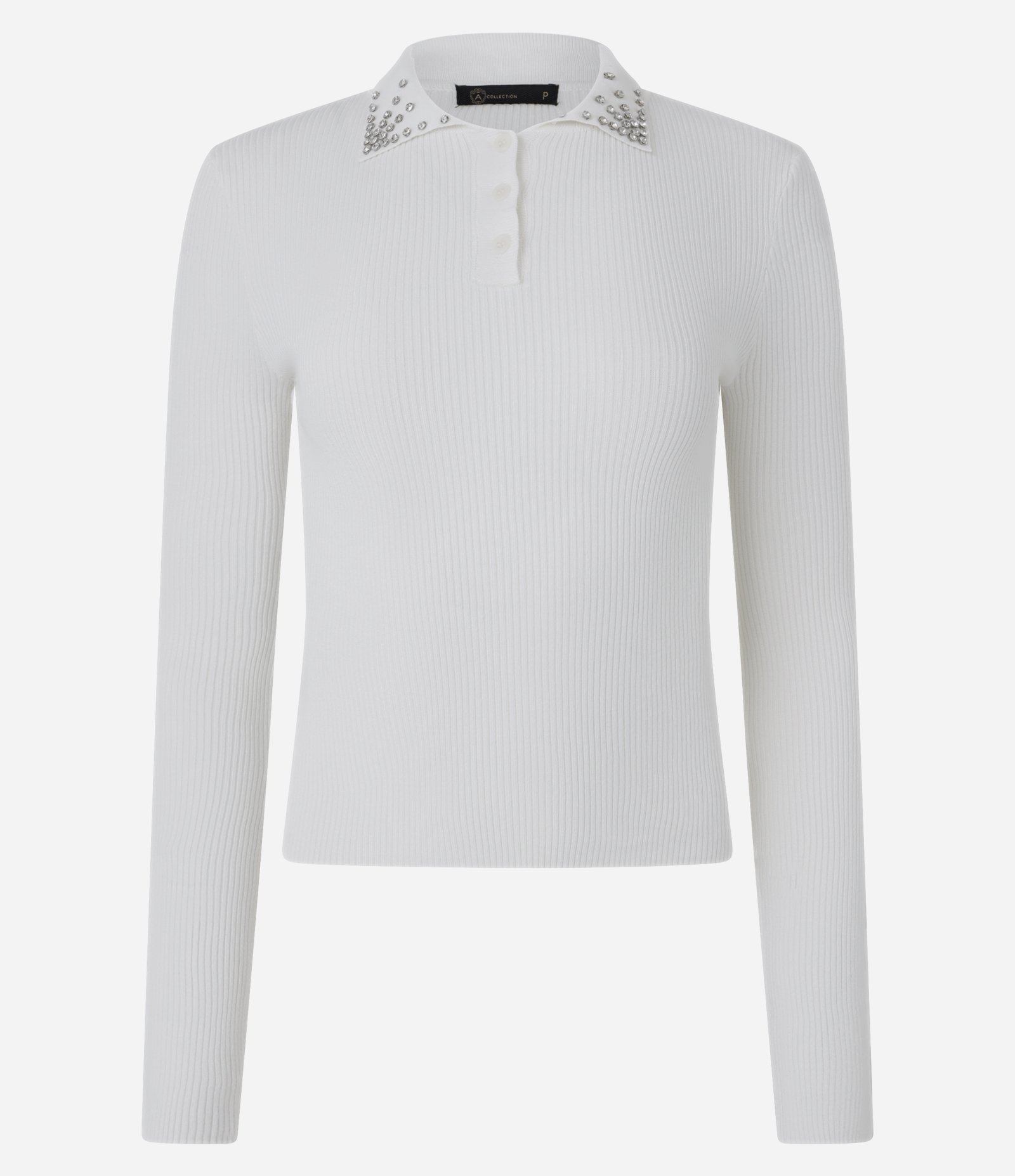 Blusa em Tricô com Pedrarias de Strass na Gola Polo Branco 7
