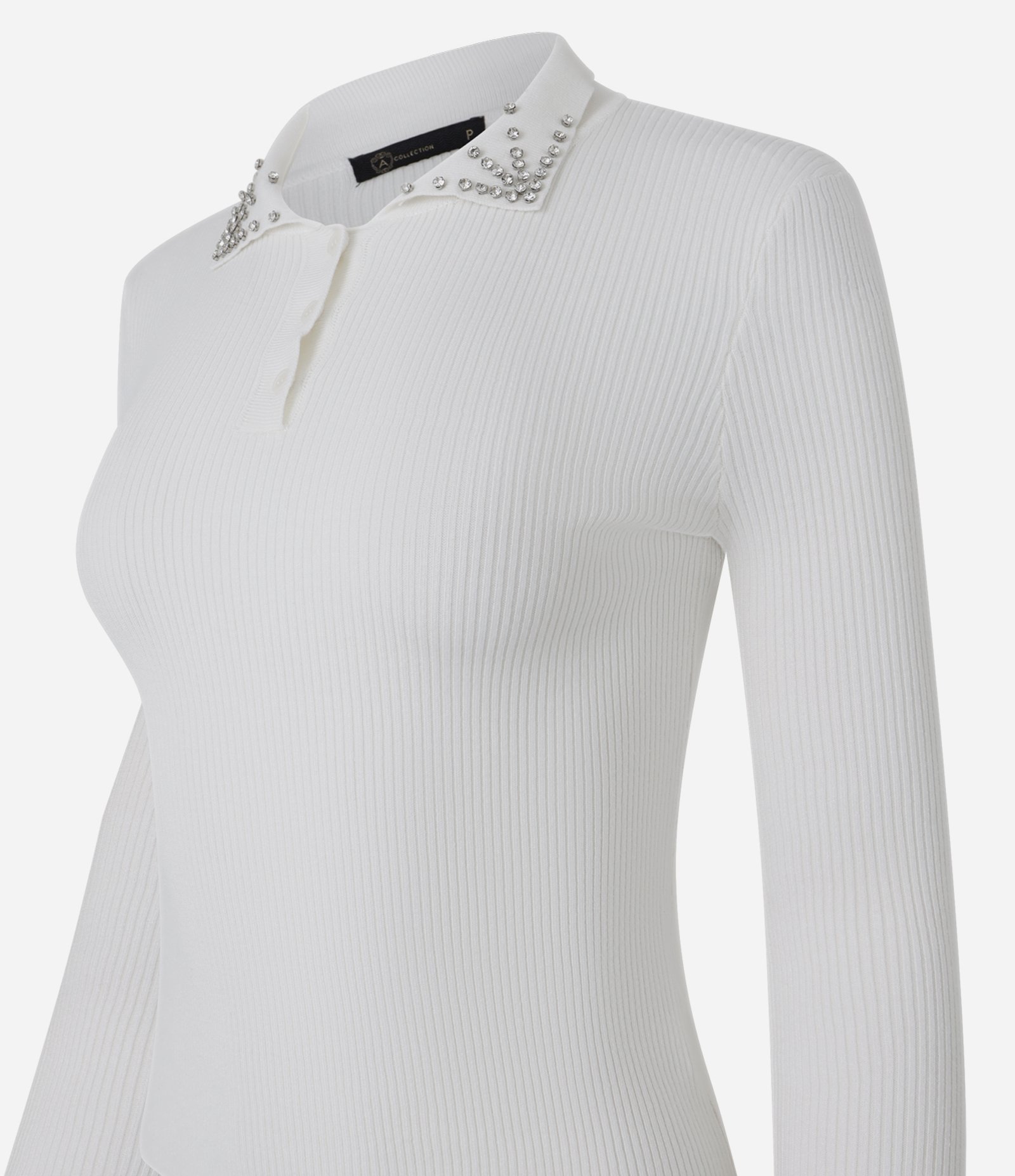 Blusa em Tricô com Pedrarias de Strass na Gola Polo Branco 8