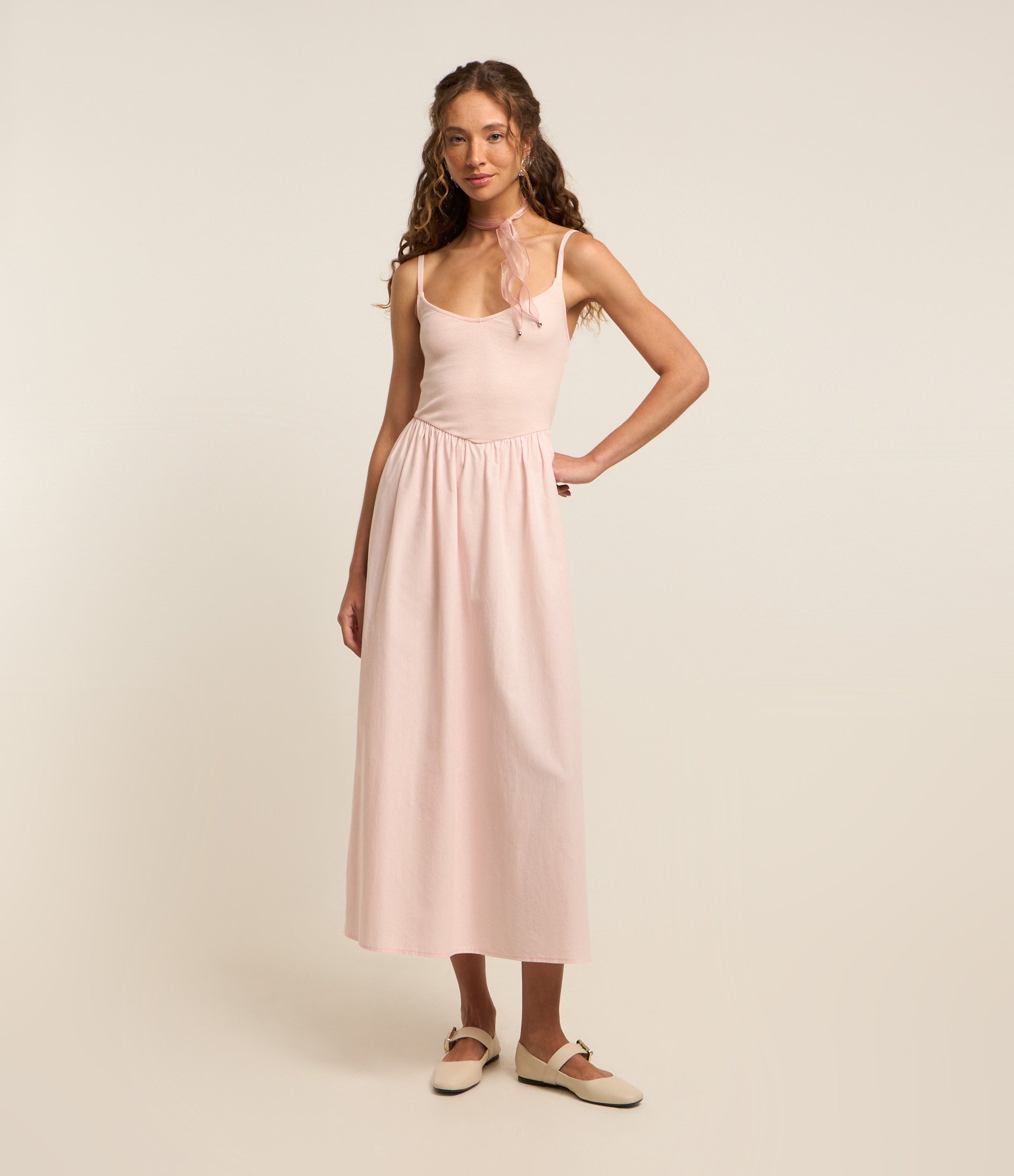 Vestido Long Midi de Alça Fina com Mix de Tecidos Rosa Claro 1