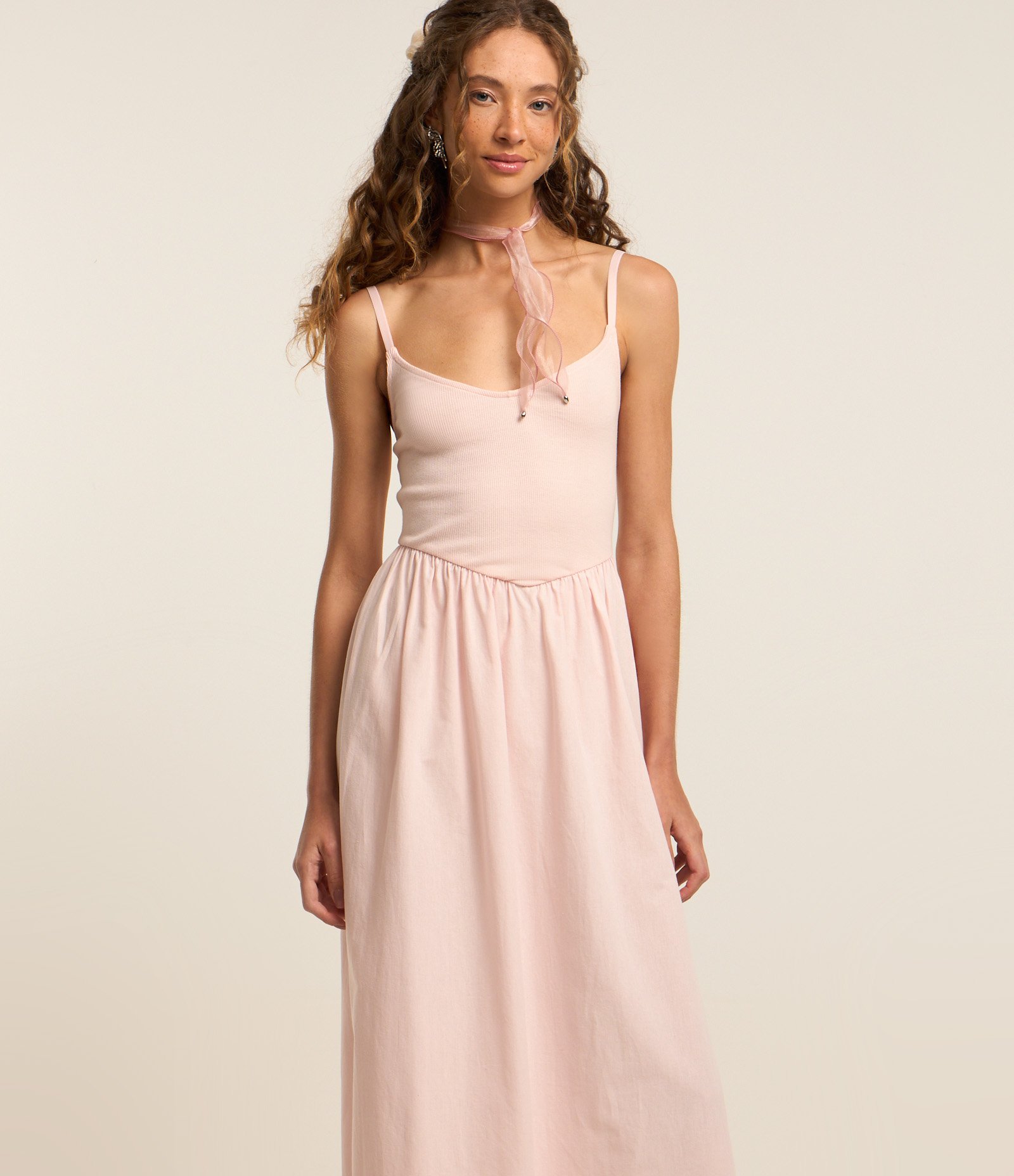 Vestido Long Midi de Alça Fina com Mix de Tecidos Rosa Claro 2