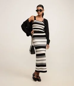 Saia Reta New Midi Cintura Alta em Tricô Listrado