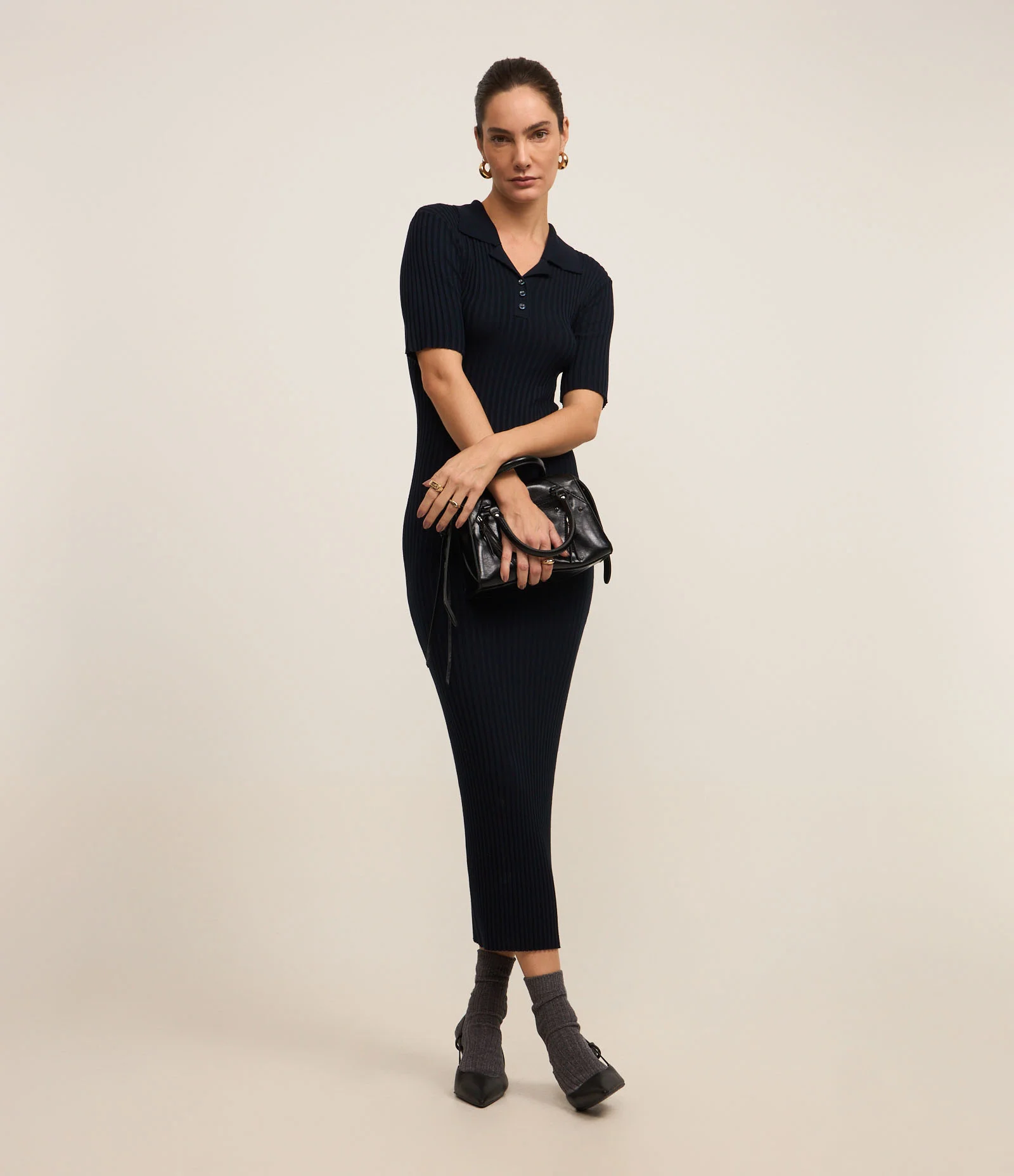 Vestido Long Midi em Tricô com Gola Polo Azul Marinho 1