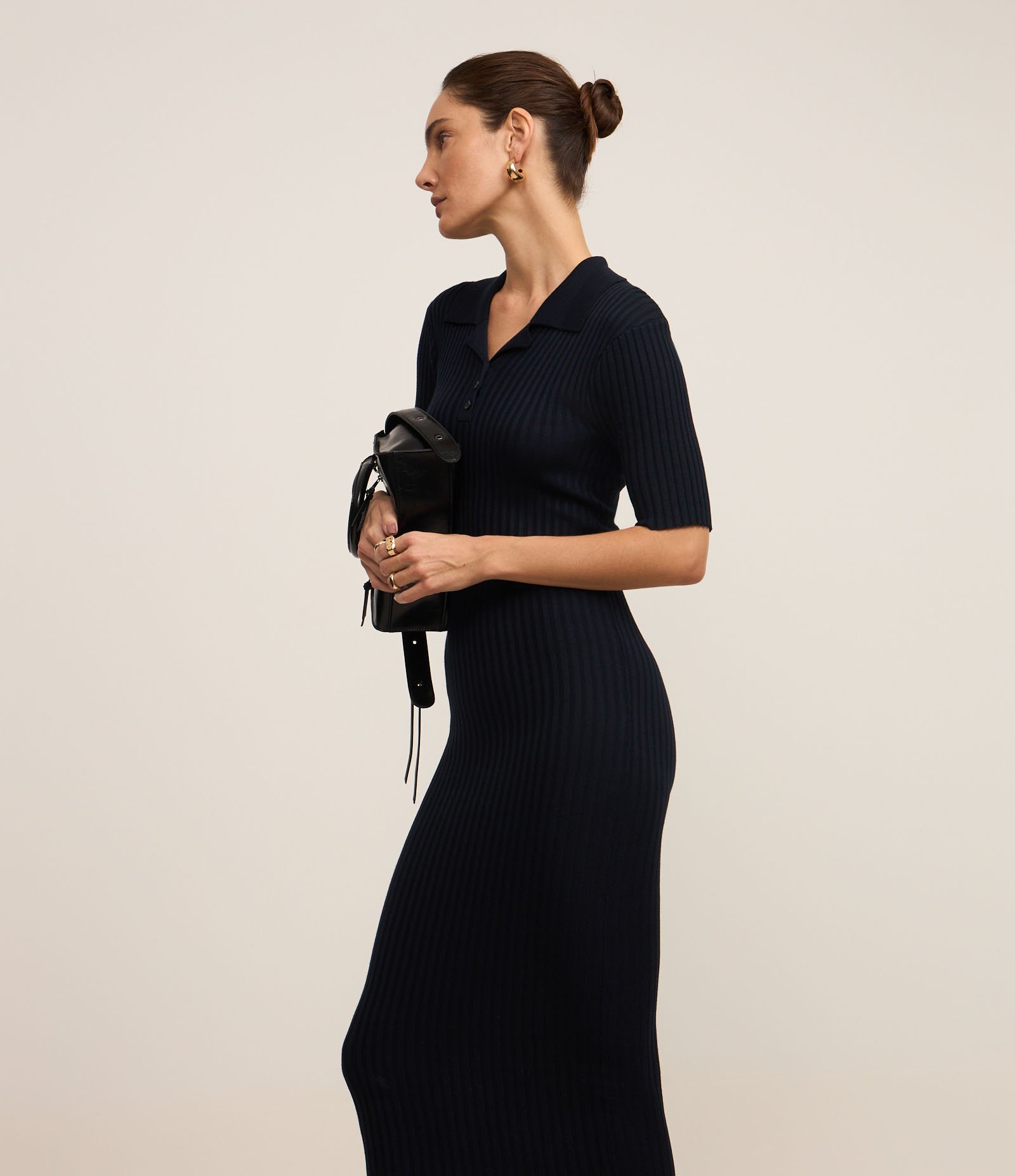 Vestido Long Midi em Tricô com Gola Polo Azul Marinho 3