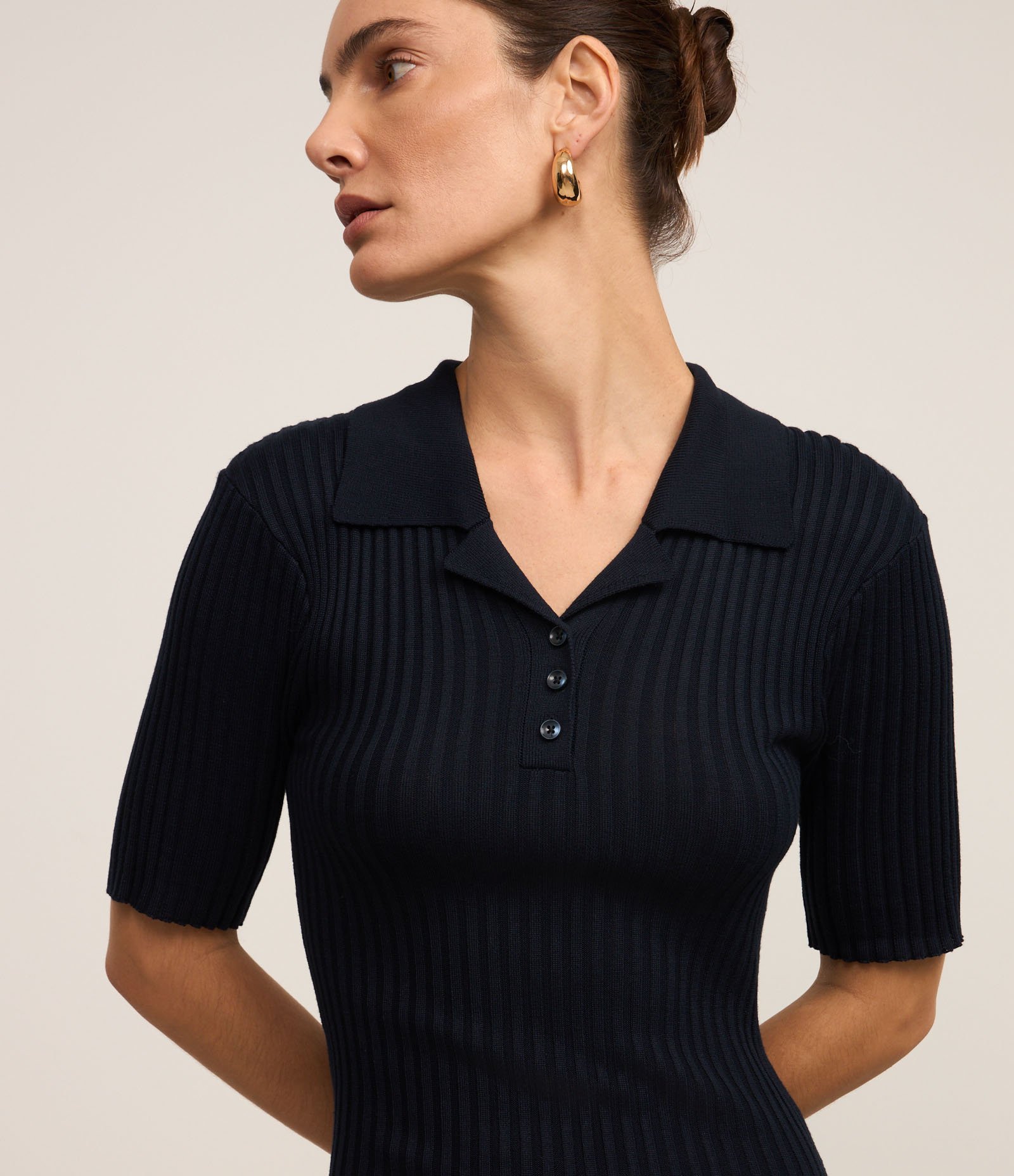 Vestido Long Midi em Tricô com Gola Polo Azul Marinho 4