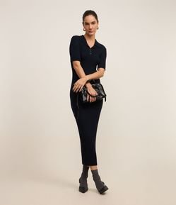 Vestido Long Midi em Tricô com Gola Polo