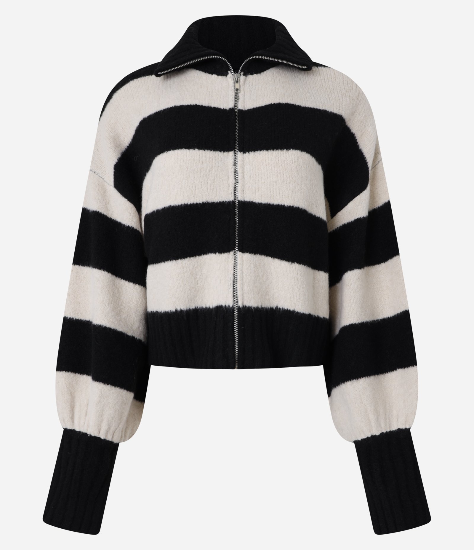 Cardigan em Tricô com Punho e Listras Largas Bege/Preto 7