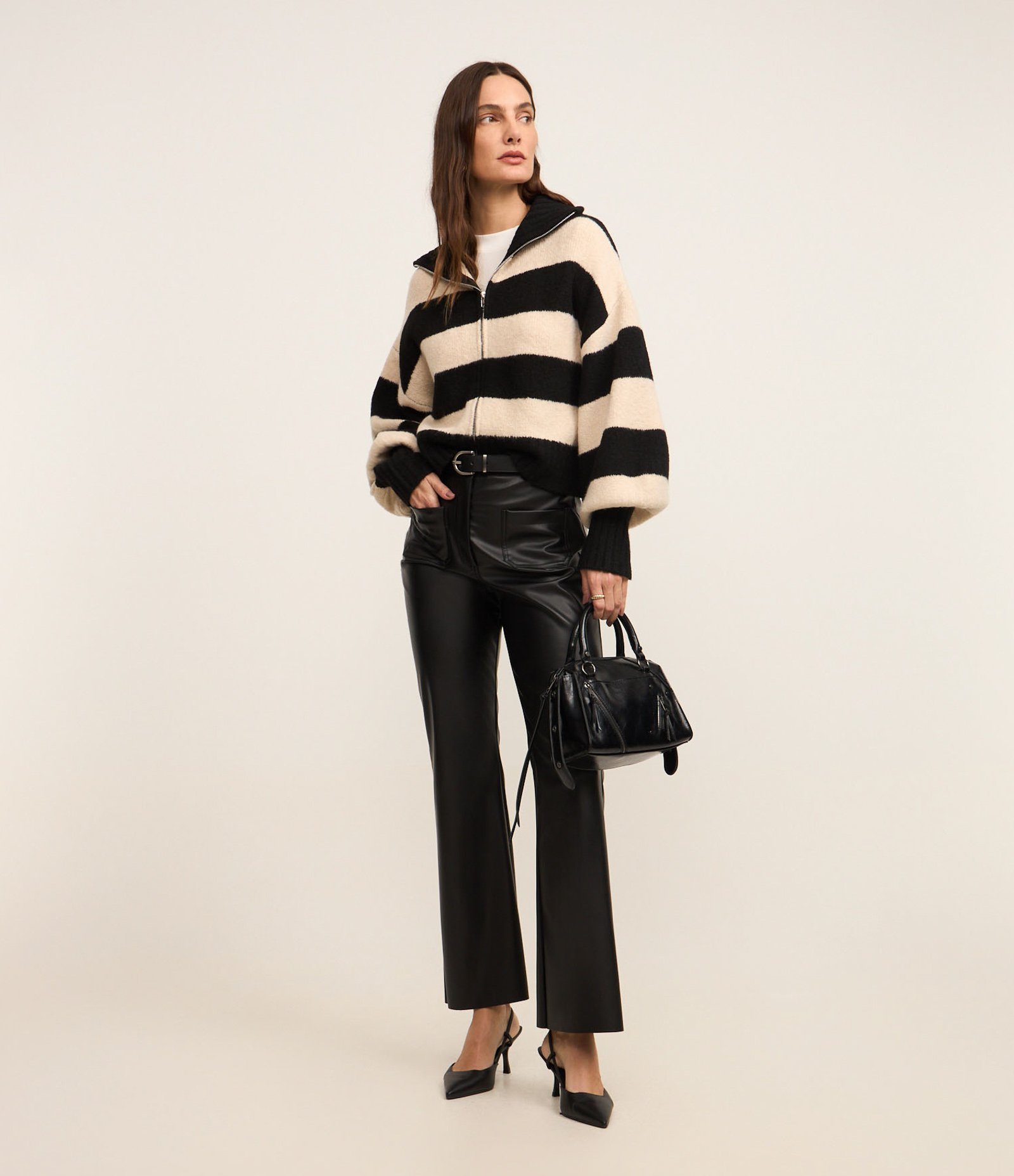 Cardigan em Tricô com Punho e Listras Largas Bege/Preto 3