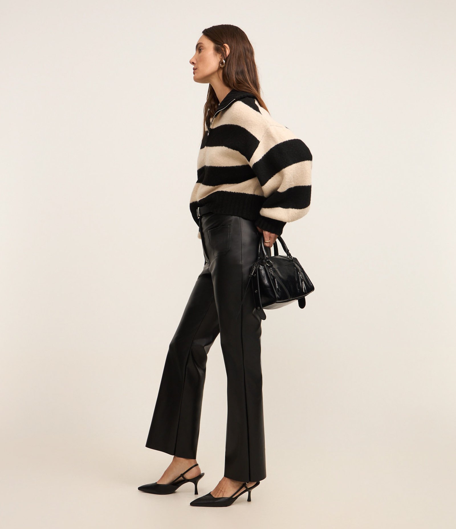 Cardigan em Tricô com Punho e Listras Largas Bege/Preto 4