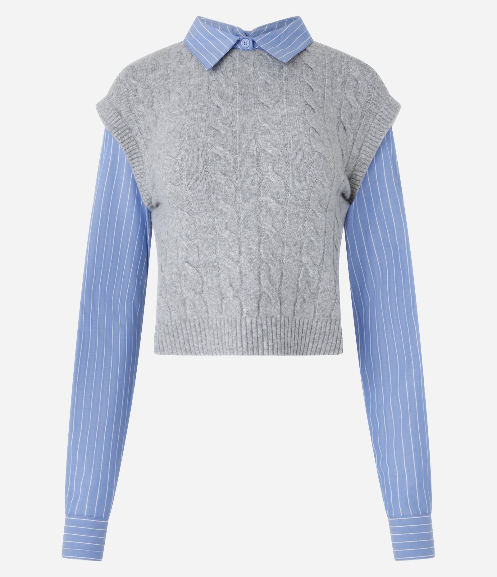 Blusa com Colete de Tricô Sobreposto em Mix de Pontos Cinza/Azul 6