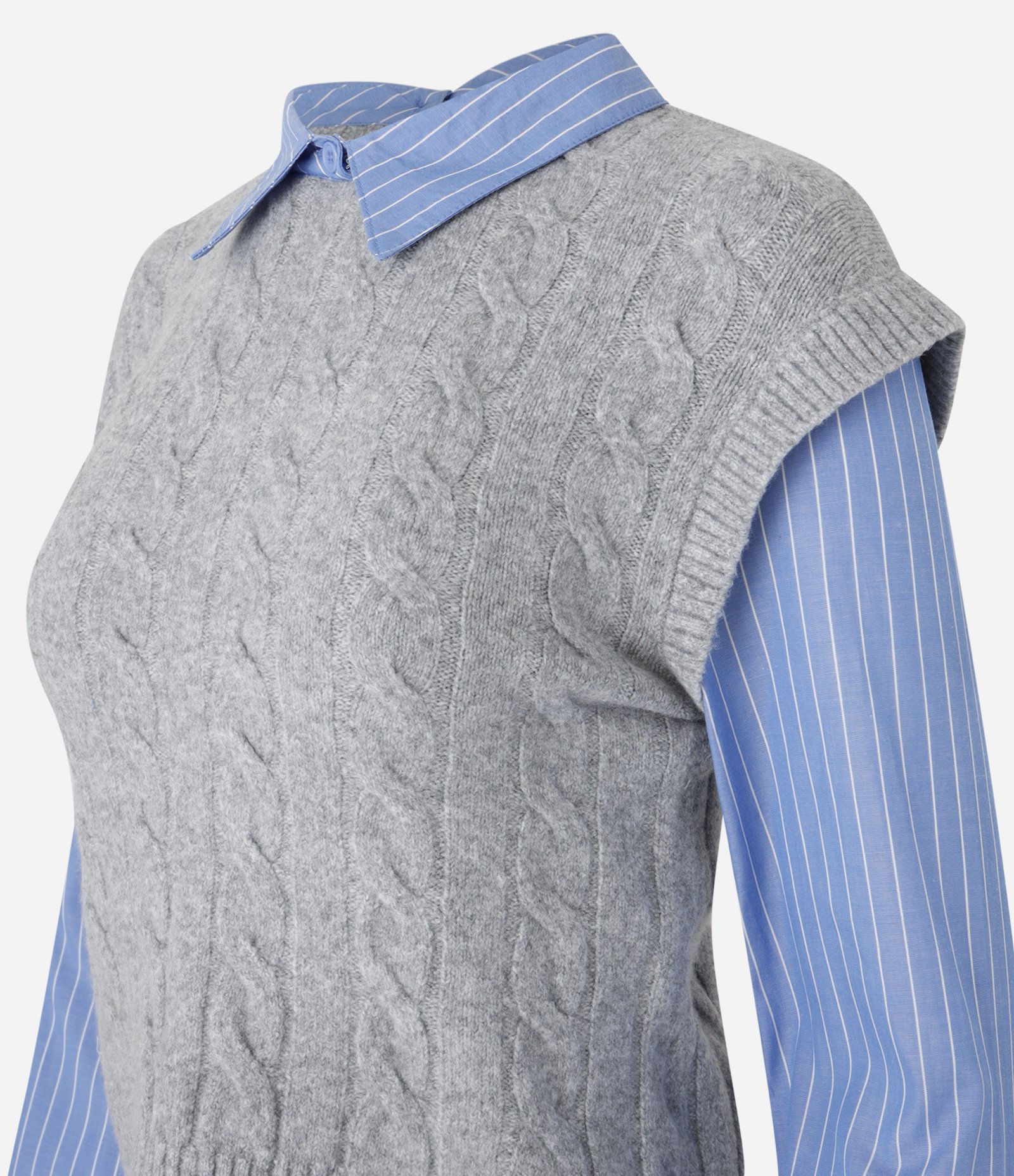 Blusa com Colete de Tricô Sobreposto em Mix de Pontos Cinza/Azul 7