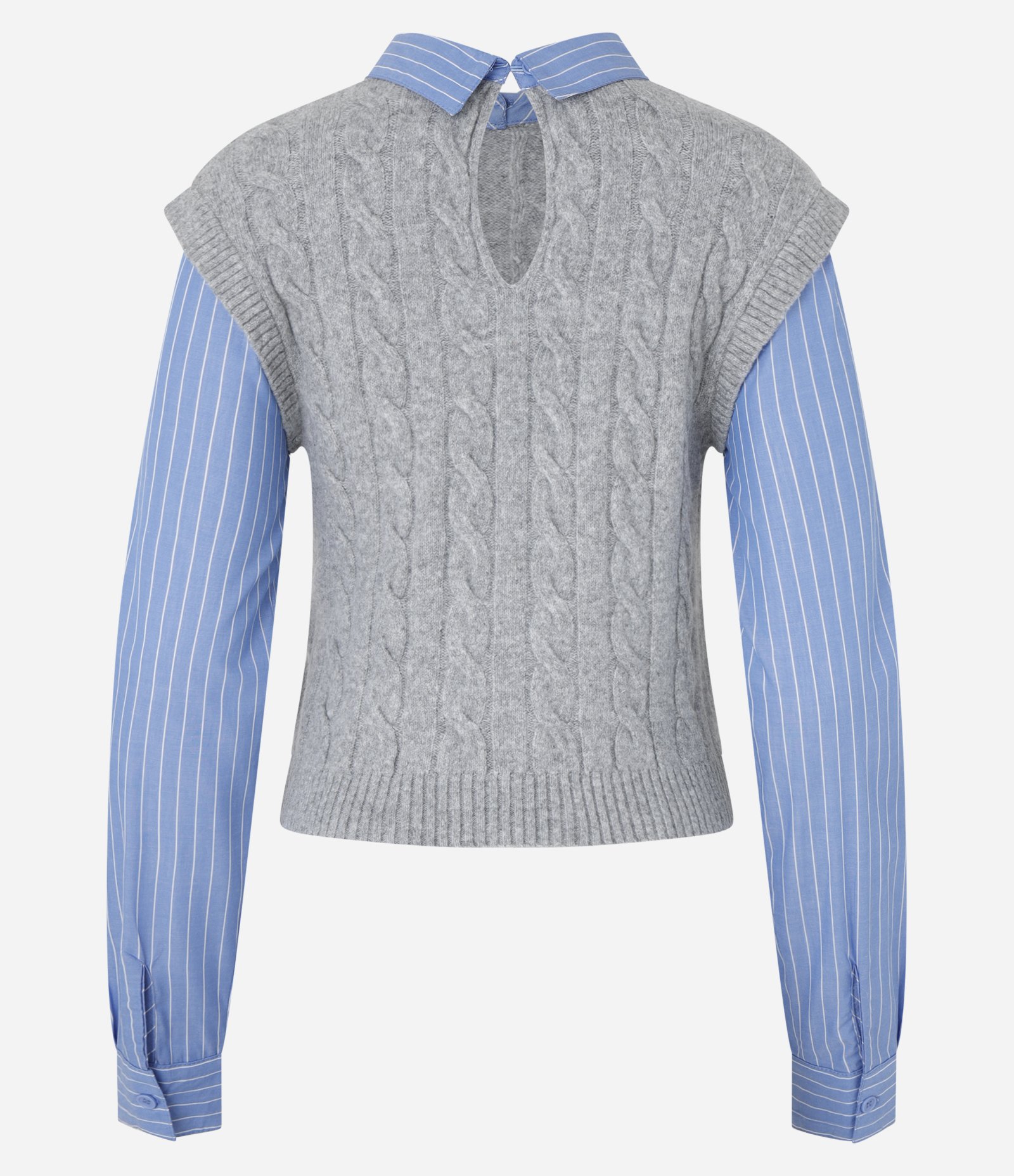 Blusa com Colete de Tricô Sobreposto em Mix de Pontos Cinza/Azul 8