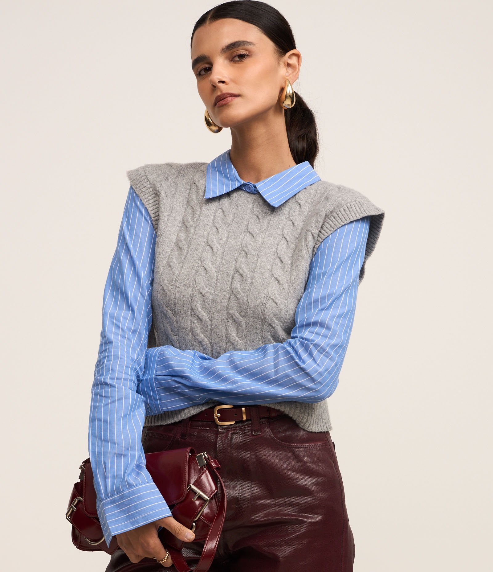 Blusa com Colete de Tricô Sobreposto em Mix de Pontos Cinza/Azul 2