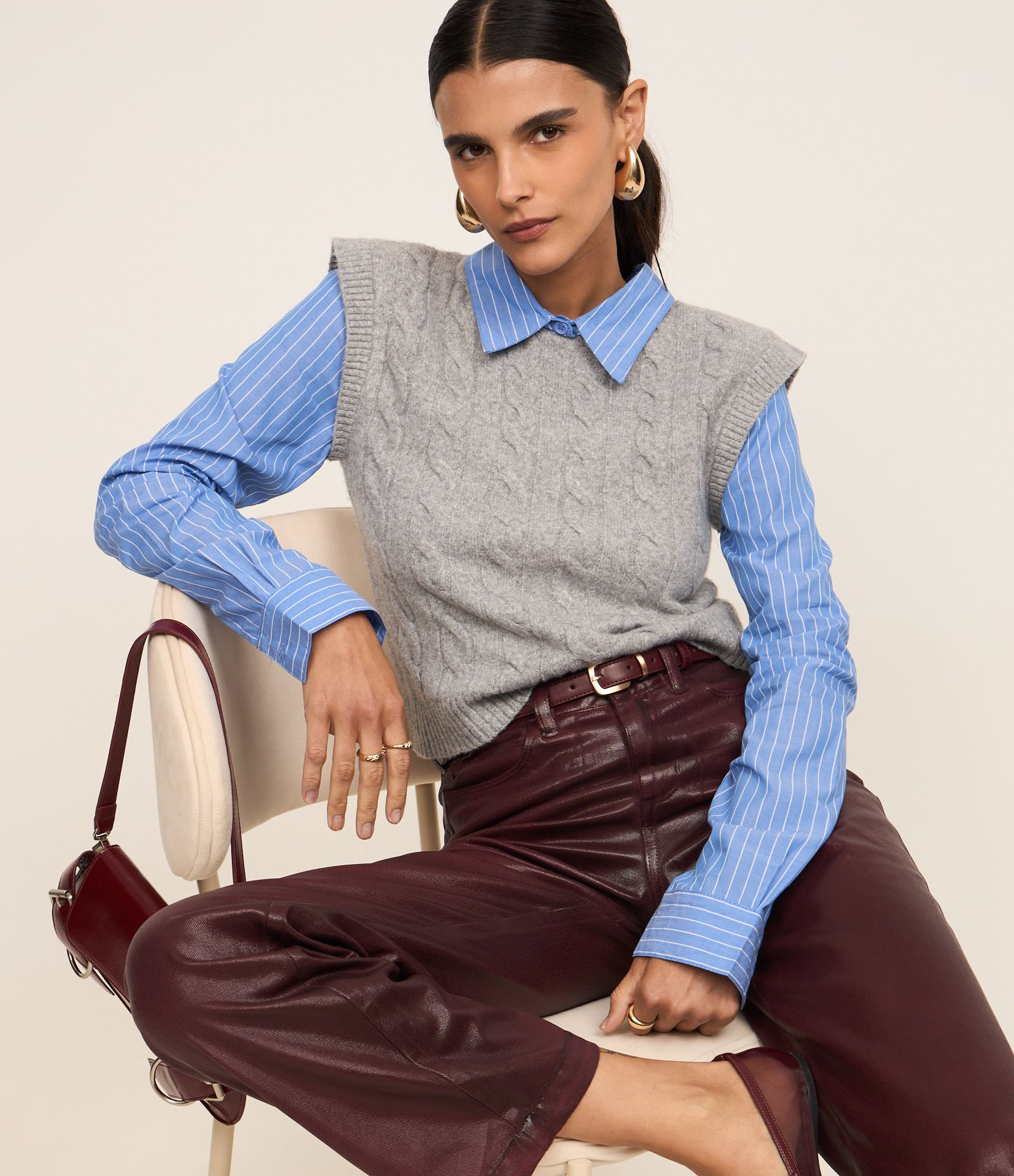 Blusa com Colete de Tricô Sobreposto em Mix de Pontos Cinza/Azul 5