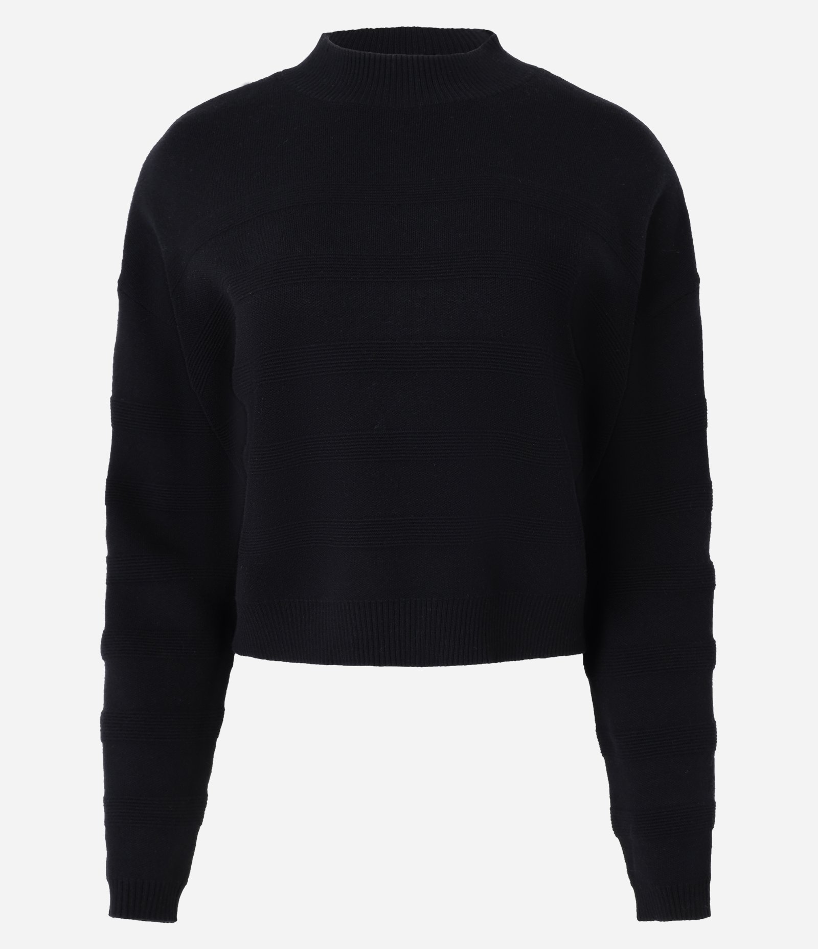 Suéter em Tricô com Gola Altinha e Textura Jacquard de Listras Preto 1