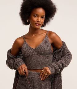 Blusa Cropped em Tricô com Fio Metalizado e Alça Regulável