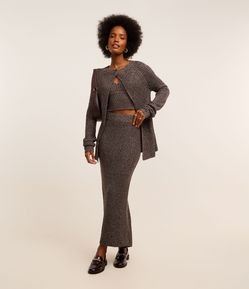 Saia Midi em Tricô com Cintura Alta e Fio Metalizado