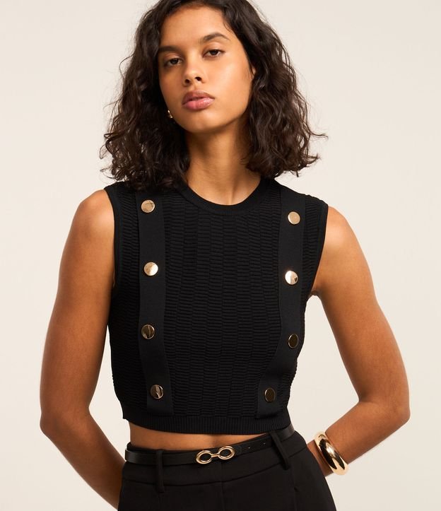 Blusa sem Manga em Tricô com Faixas Frontais e Botões