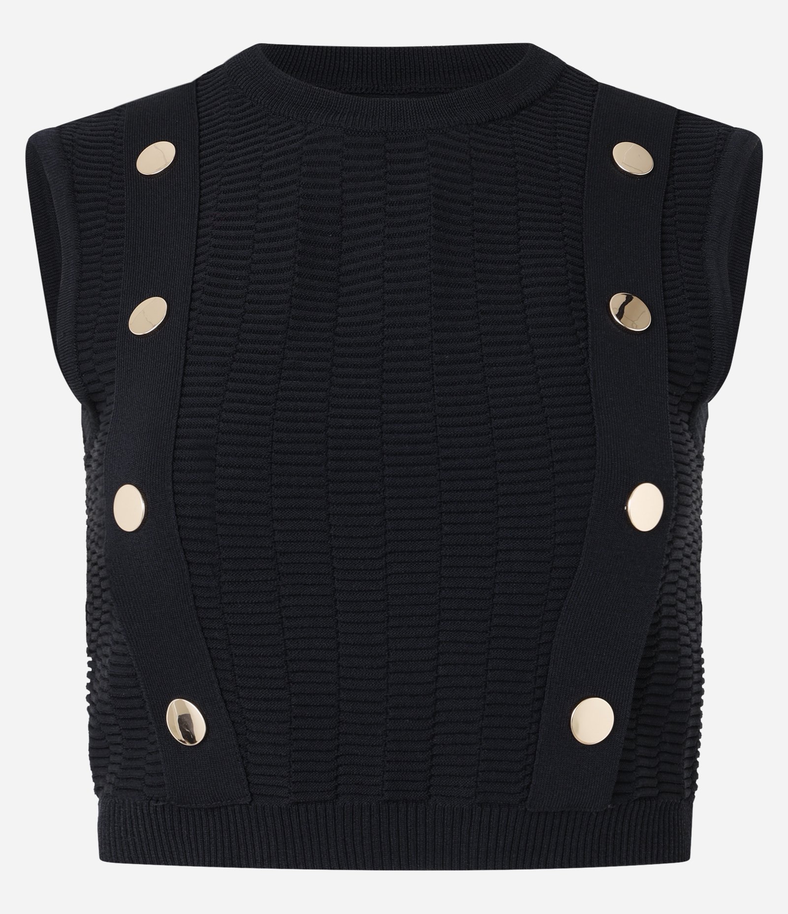 Blusa sem Manga em Tricô com Faixas Frontais e Botões Preto 5