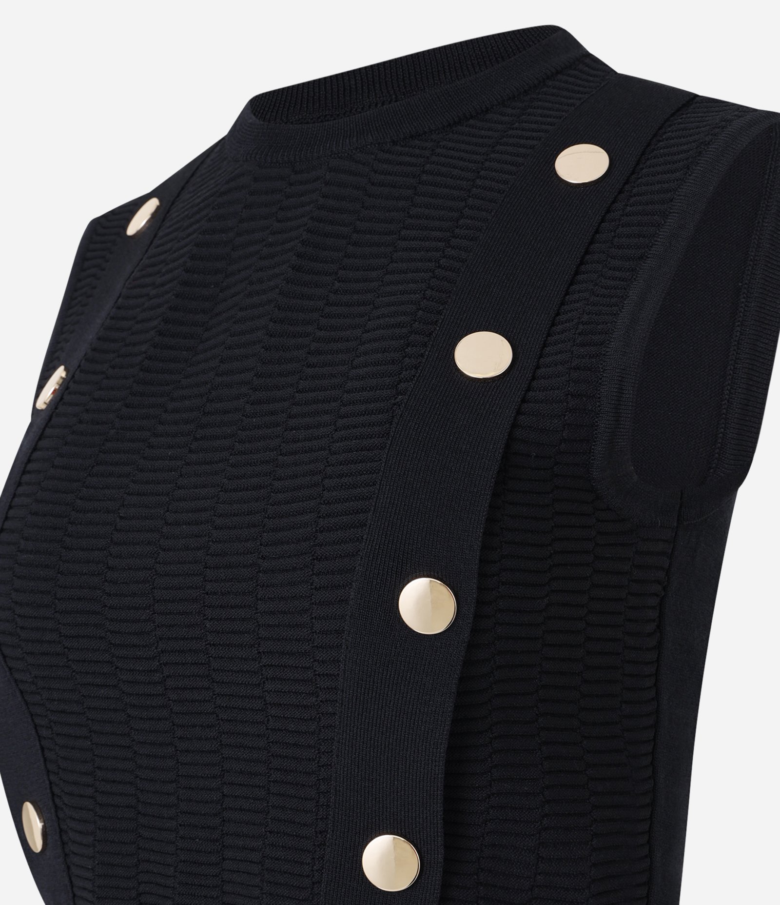 Blusa sem Manga em Tricô com Faixas Frontais e Botões Preto 6