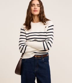 Suéter em Tricô com Botões na Cava e Estampa Listras